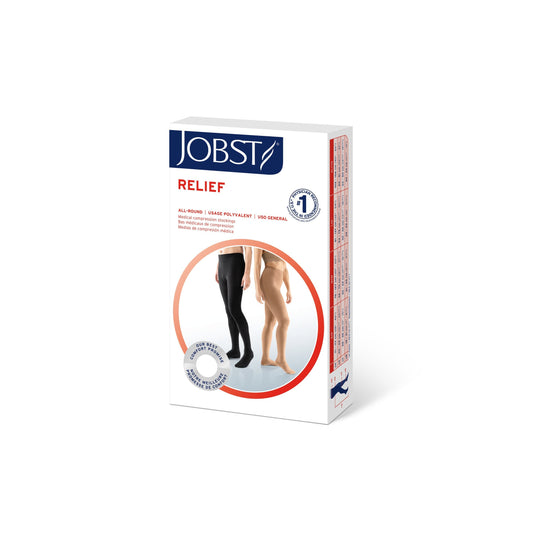 Caja de JOBST Relief pantimedia, beige y negro, sobre fondo blanco