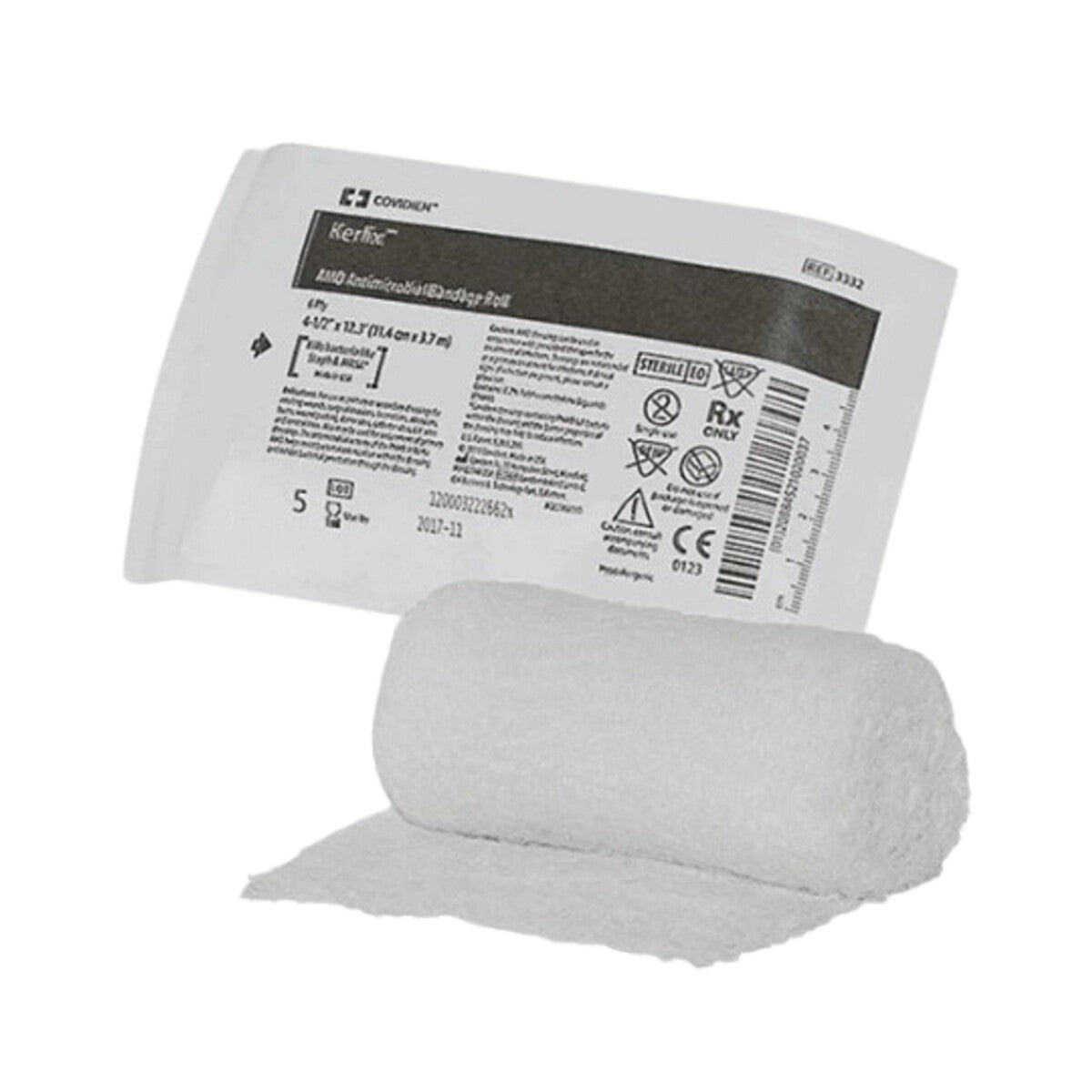 Sobre Covidien Kerlix AMD REF 3332 y rollo de gasa de 6 capas, 11.4 cm por 3.7 m, sobre fondo blanco