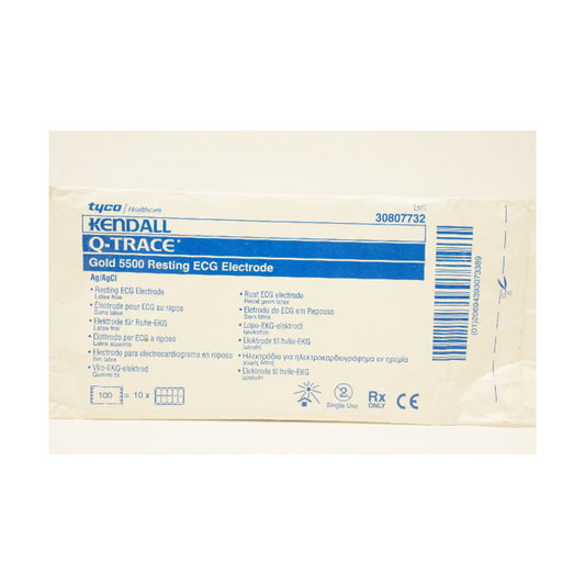 Kendall Q-Trace Gold 5500 electrodos ECG de reposo sobre fondo blanco
