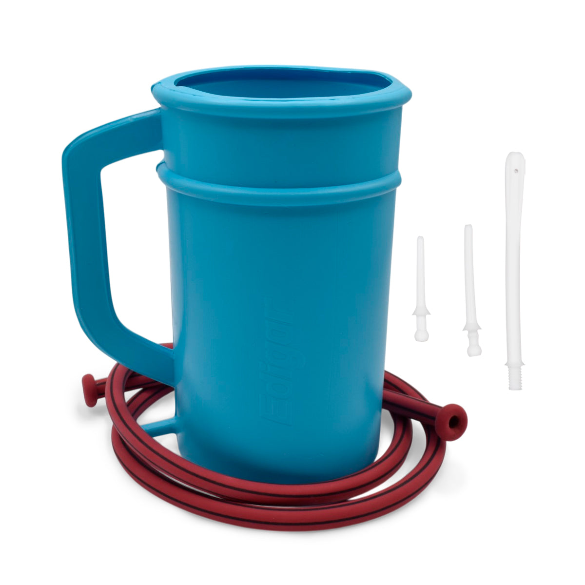 Kit irrigador Edigar AA21502: irrigador azul con asa, tubo de hule rojo y tres cánulas blancas.
