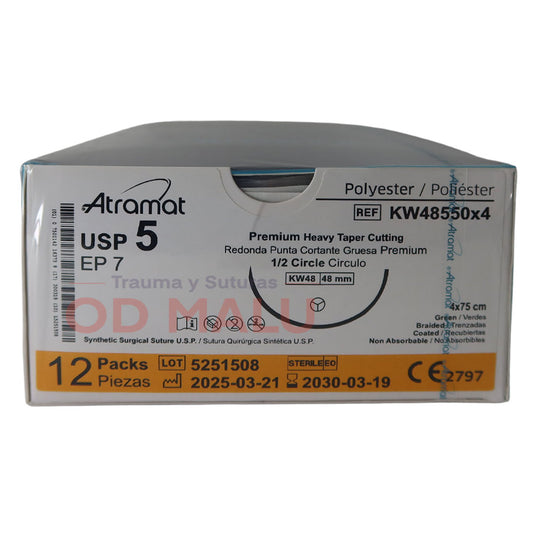Atramat poliéster USP 5 verde, aguja KW-48 de 48 mm, 75 cm