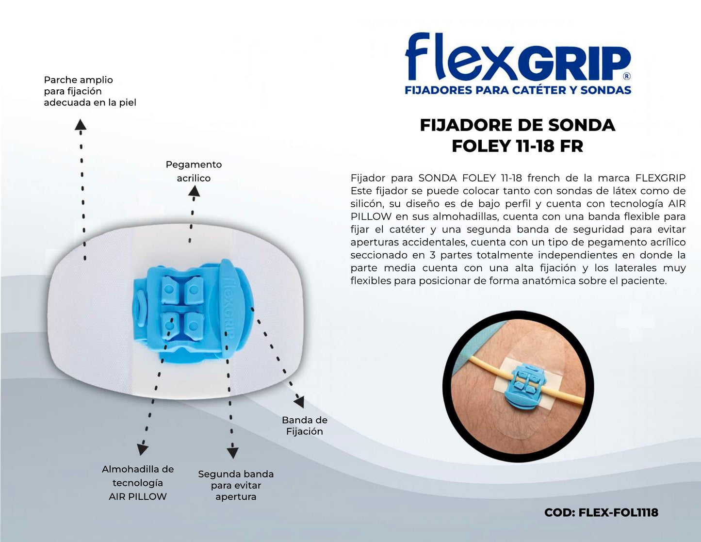 Ficha del fabricante del fijador FlexGRIP para sonda Foley 11-18 Fr, FLEX-FOL1118