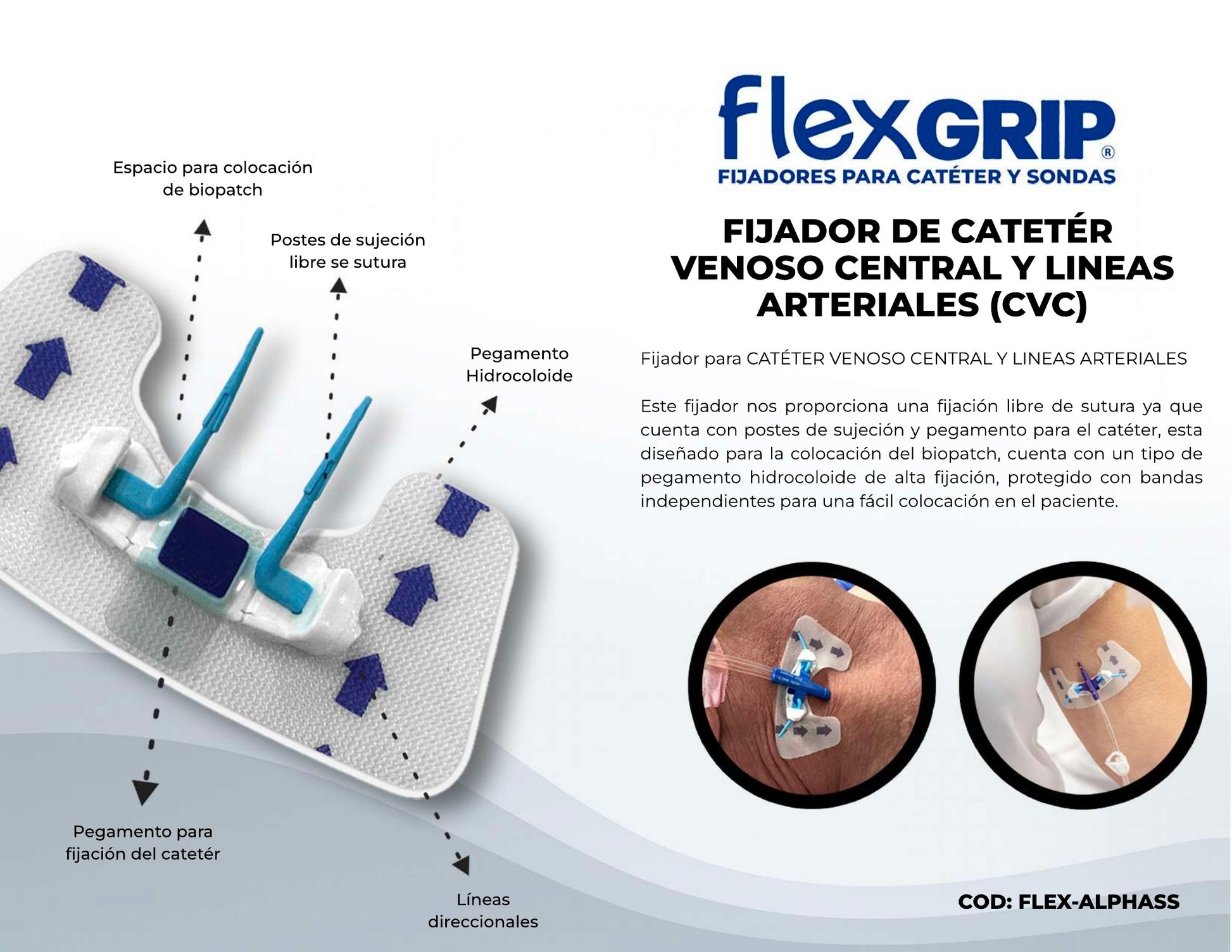 Ficha del fabricante del fijador Alpha FlexGRIP para catéter venoso central, FLEX-ALPHASS