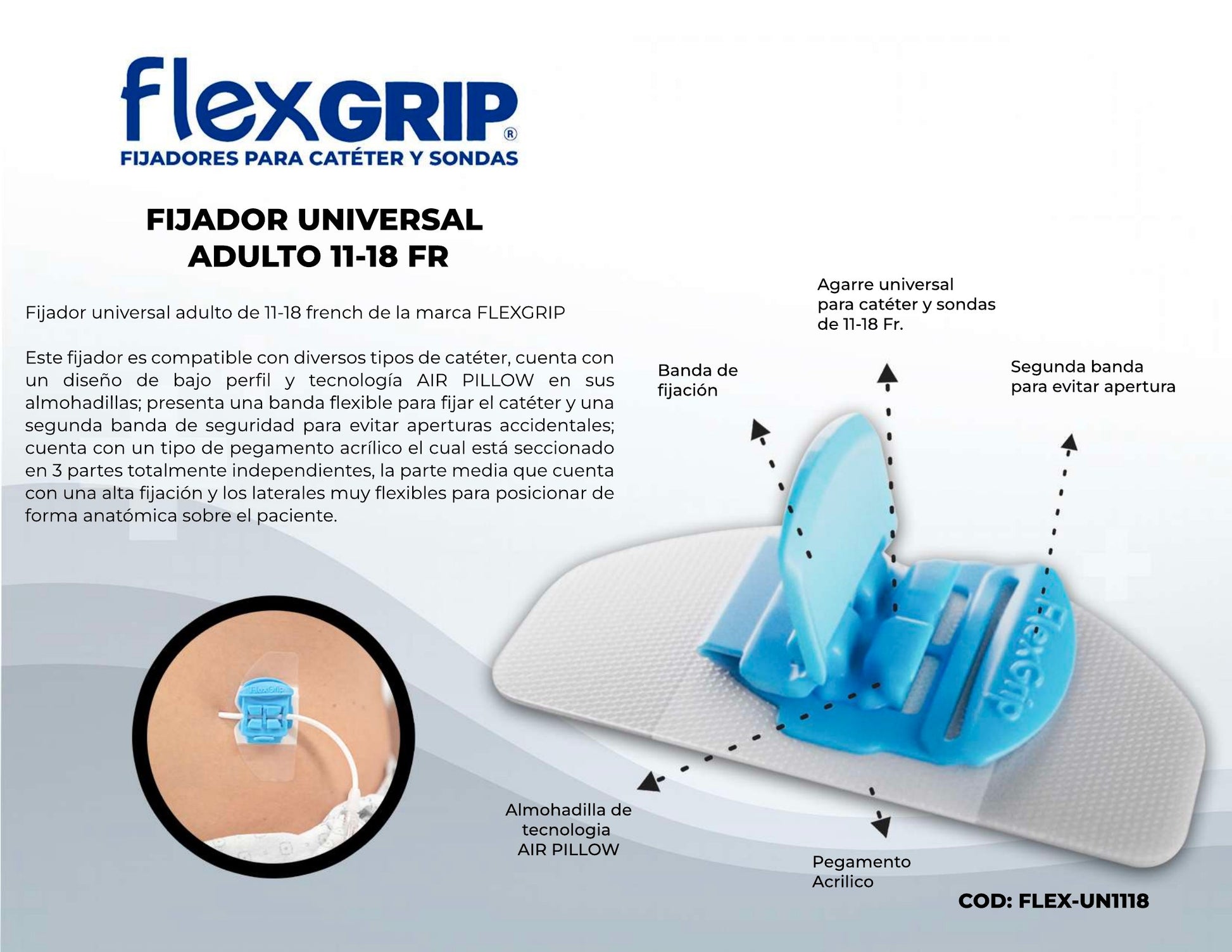 Ficha del fabricante del fijador universal FlexGRIP adulto 11-18 Fr, FLEX-UN1118