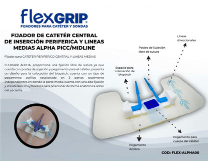 Ficha del fabricante del fijador Alpha FlexGRIP para PICC y línea media, FLEX-ALPHA00
