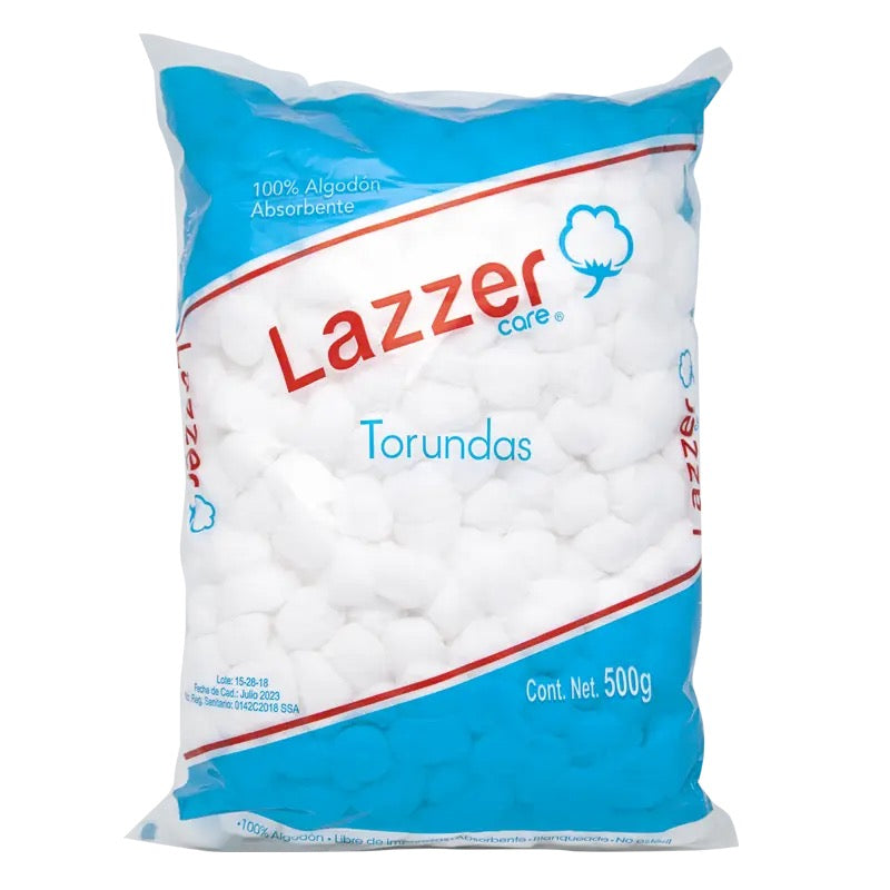 Bolsa Lazzer Care Torundas de algodón 500 g, 100 % algodón no estéril, sobre fondo claro