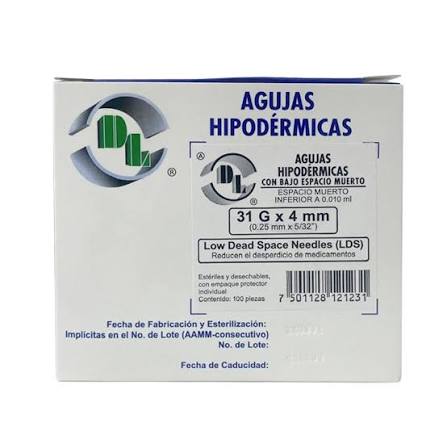Caja DL de agujas hipodérmicas LDS 31 G × 4 mm (0,25 mm × 5/32″), 100 piezas, EAN 7501128121231