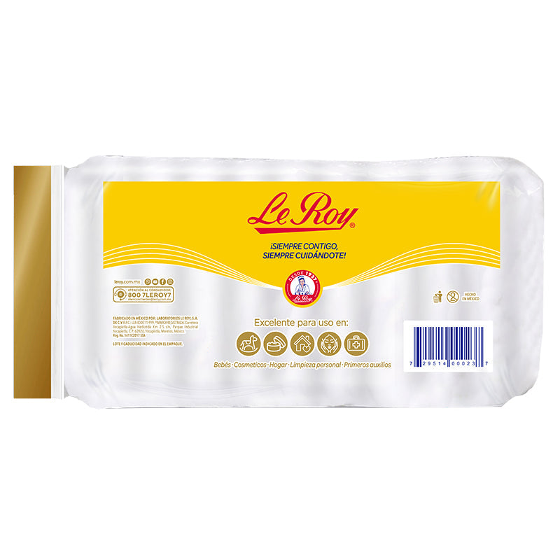 Reverso del paquete Le Roy Premium Algodón Plisado 25 g, barcode 729514000237, hecho en México