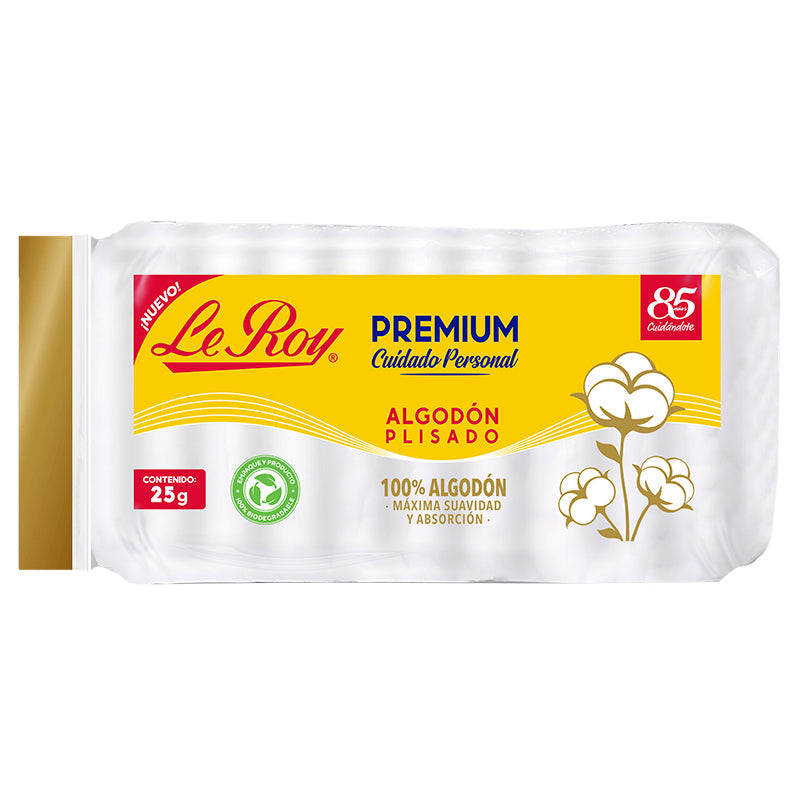 Paquete Le Roy Premium Algodón Plisado de 25 g, 100 % algodón, sobre fondo blanco
