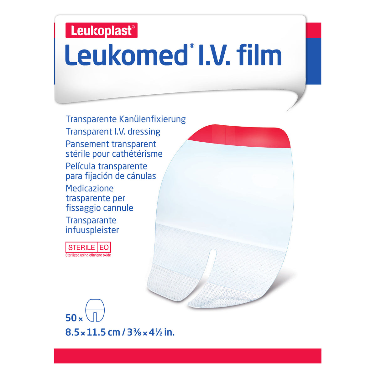 Frente de la caja Leukomed I.V. film REF 72390-03 con 50 apósitos de 8.5 × 11.5 cm