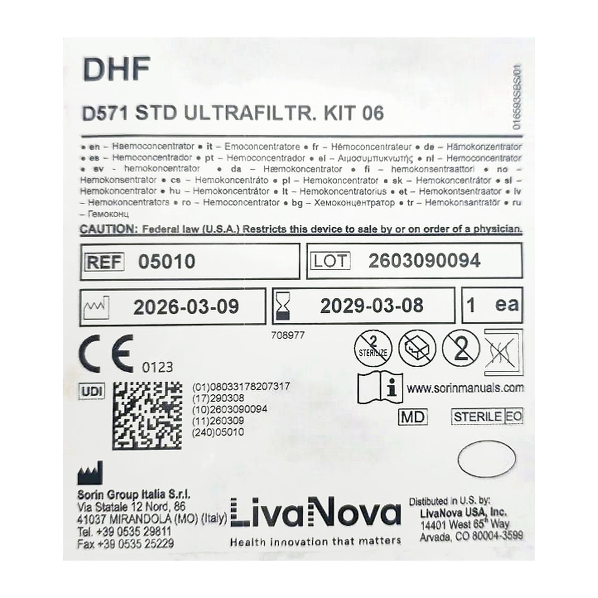 Detalle de etiqueta del empaque LivaNova D571 DHF 0.6, REF 05010, LOT 2603090094, caducidad 2029-03-08, 1 kit