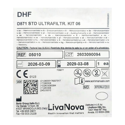 Detalle de etiqueta del empaque LivaNova D571 DHF 0.6, REF 05010, LOT 2603090094, caducidad 2029-03-08, 1 kit