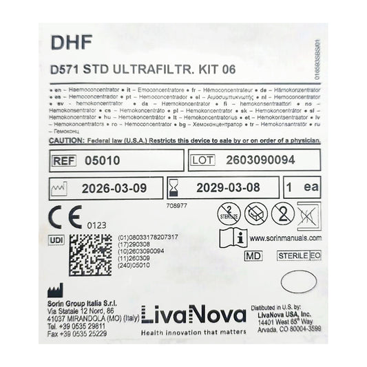 Detalle de etiqueta del empaque LivaNova D571 DHF 0.6, REF 05010, LOT 2603090094, caducidad 2029-03-08, 1 kit