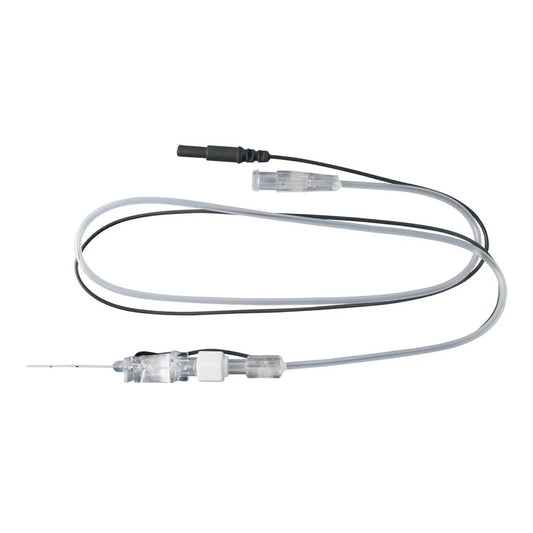 Vygon Locoplex, aguja de electroneuroestimulación para plexo y nervio periférico con cable y prolongador extraíble, sobre fondo blanco