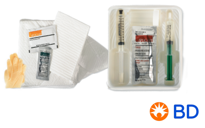 Charola Lubricath de sistema cerrado con sonda Foley, globo de 5 cc y bolsa recolectora; referencia visual de la familia 14–18 Fr