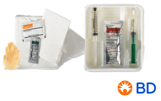 Charola Lubricath de sistema cerrado con sonda Foley, globo de 5 cc y bolsa recolectora; referencia visual de la familia 14–18 Fr