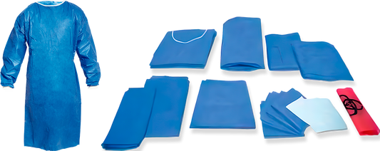 Equipo para cirugía mayor MediMaz Surgical de tela SMS 32 g: bata azul, campos y sábanas plegados, toallas y bolsa roja