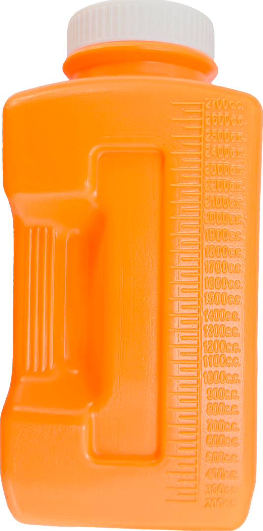 Recolector de orina PlastiCare naranja de 2.7 L, tapa blanca y escala en relieve