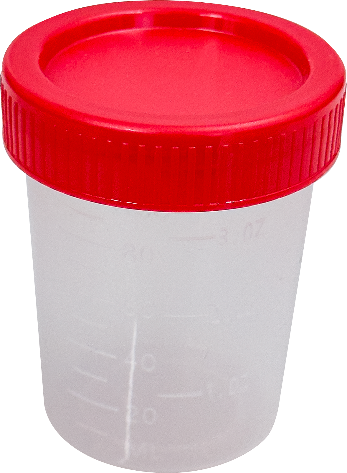 Vaso recolector PlastiCare de 100 ml con tapa roja roscada, fotografía oficial sin empaque, sobre fondo claro