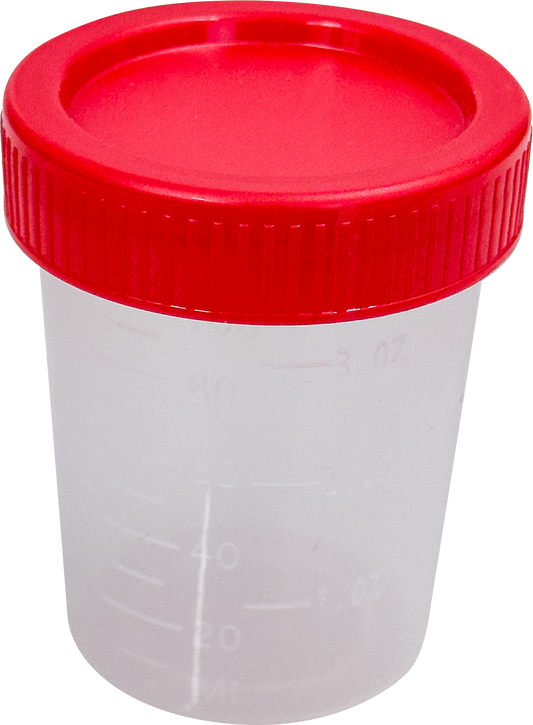 Vaso recolector PlastiCare de 100 ml con tapa roja roscada, fotografía oficial sin empaque, sobre fondo claro