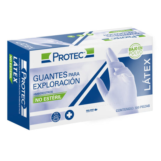 Caja PROTEC de guantes para exploración de látex ambidiestros, no estériles y bajo en polvo, contenido 100 piezas, sobre fondo blanco
