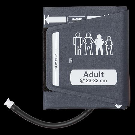 Brazalete Masimo 25262 completo con etiqueta Adult 23–33 cm y conector rápido hembra, fotografía original del catálogo