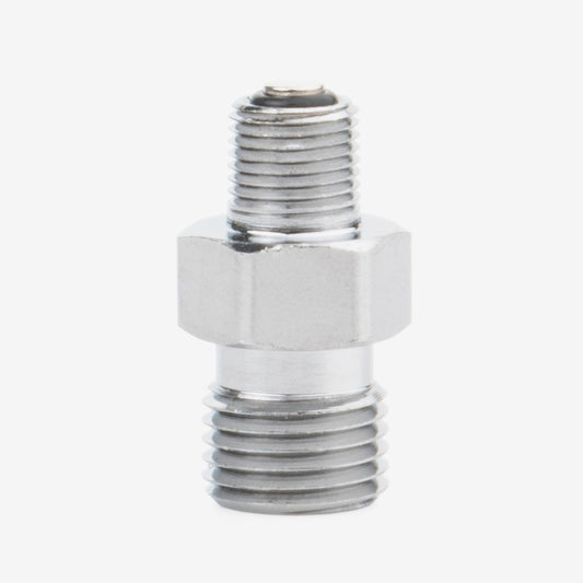 Familia de conexiones Maxtec: RP11P06 con roscas exteriores; la oferta RP11P09 es NPT 1/8 a DISS hembra, diseño distinto