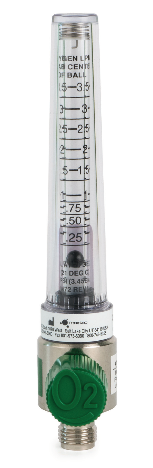 Fotografía de familia Maxtec con escala ilustrativa de 0 a 3.5 LPM; esta ficha ofrece RP34P03-001 de 0 a 15 LPM