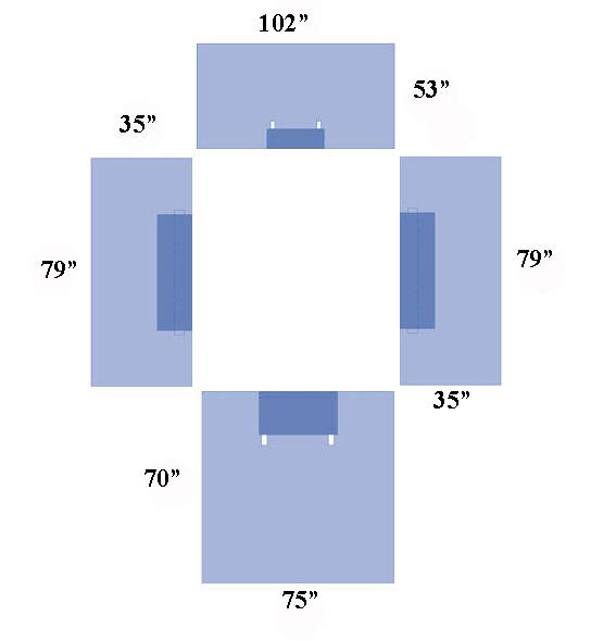 Diagrama del paquete quirúrgico universal II Sirus DYNJP1055S de Medline con las medidas de los campos superior, inferior y laterales