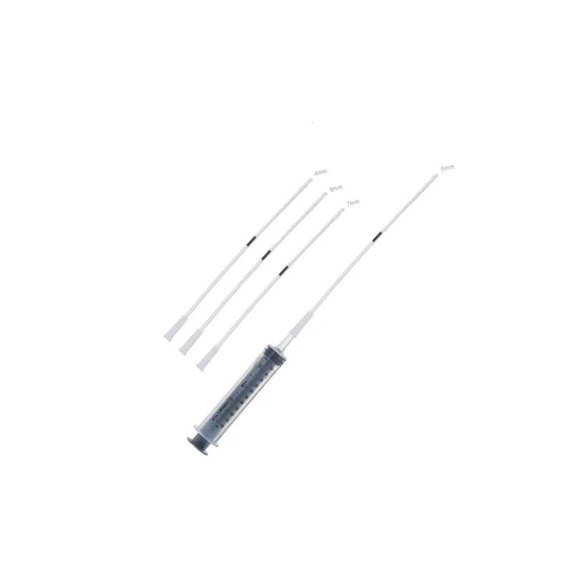 Kit de aspiración MedGyn: jeringa y cánulas-cureta de 4, 5, 6 y 7 mm, alternativas de la misma línea, sobre fondo blanco.