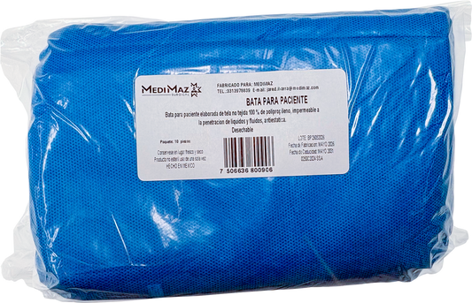 Paquete original MediMaz de diez batas azules para paciente, etiqueta con código 7506636800906