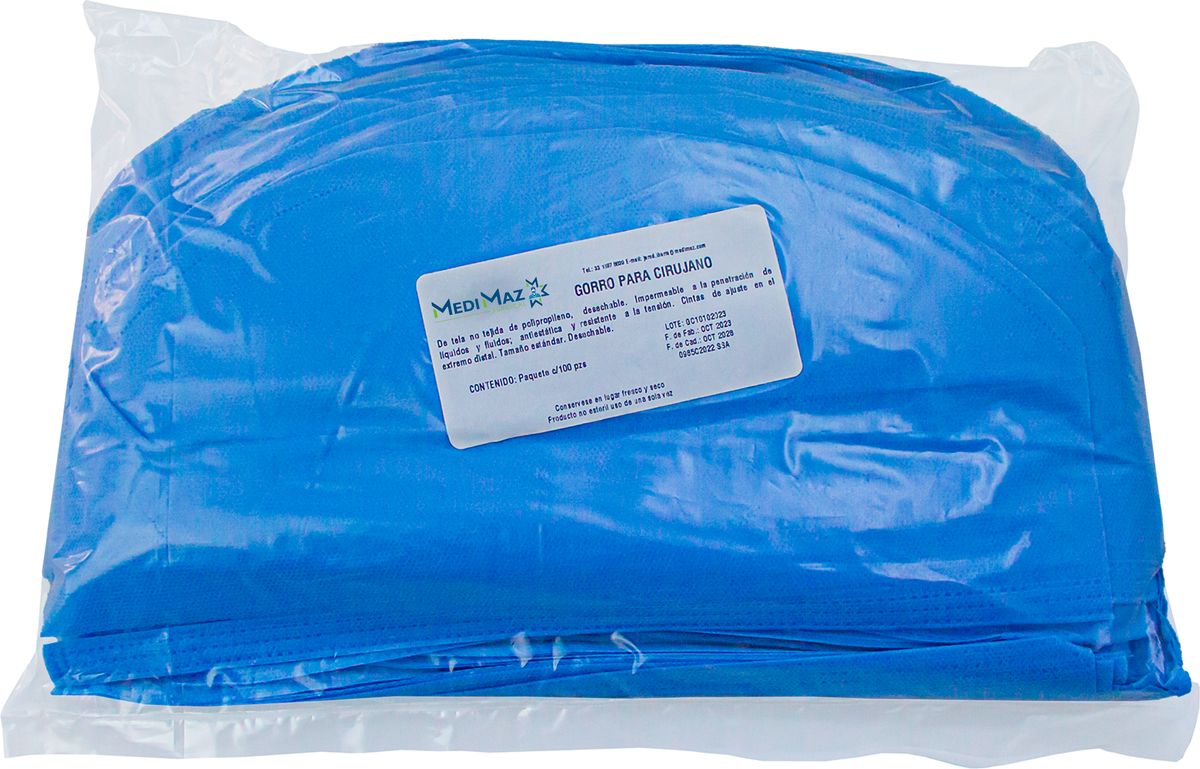 Paquete MediMaz Surgical de gorro para cirujano, contenido 100 piezas, etiqueta con registro 0985C2022 SSA