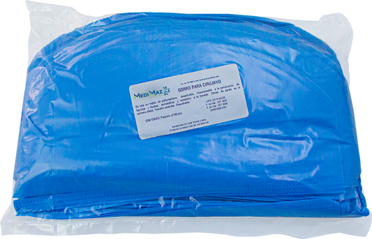 Paquete MediMaz Surgical de gorro para cirujano, contenido 100 piezas, etiqueta con registro 0985C2022 SSA