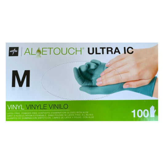 Caja Medline Aloetouch Ultra IC de guantes de vinilo con aloe, talla mediana, 100 guantes
