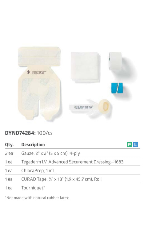 Catálogo Medline LIT267: contenido del kit DYND74284 con Tegaderm I.V. Advanced 1683, ChloraPrep 1 ml, gasas, cinta y torniquete