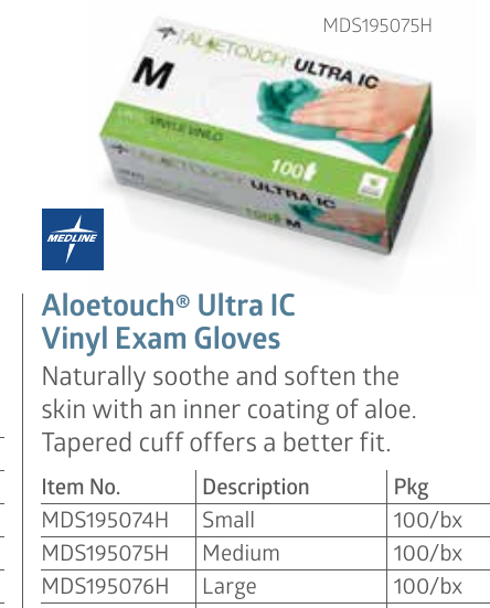 Medline Aloetouch Ultra IC, guantes de vinilo sin polvo con aloe, tallas chica, mediana y grande