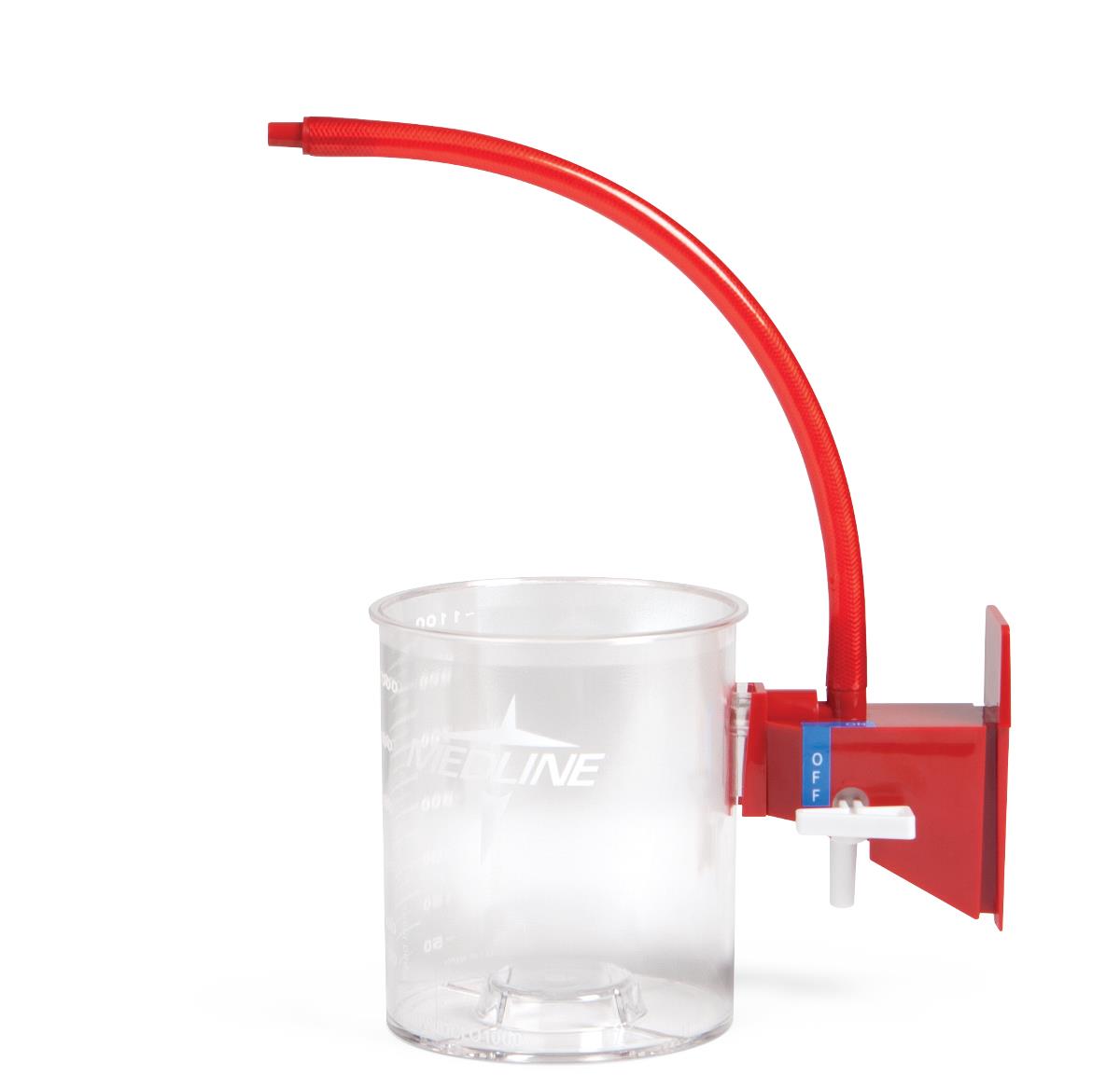 Canister reutilizable Medline MED-SOFT de 1 L: recipiente transparente graduado, soporte rojo, válvula blanca ON/OFF y tubo rojo, sin liner