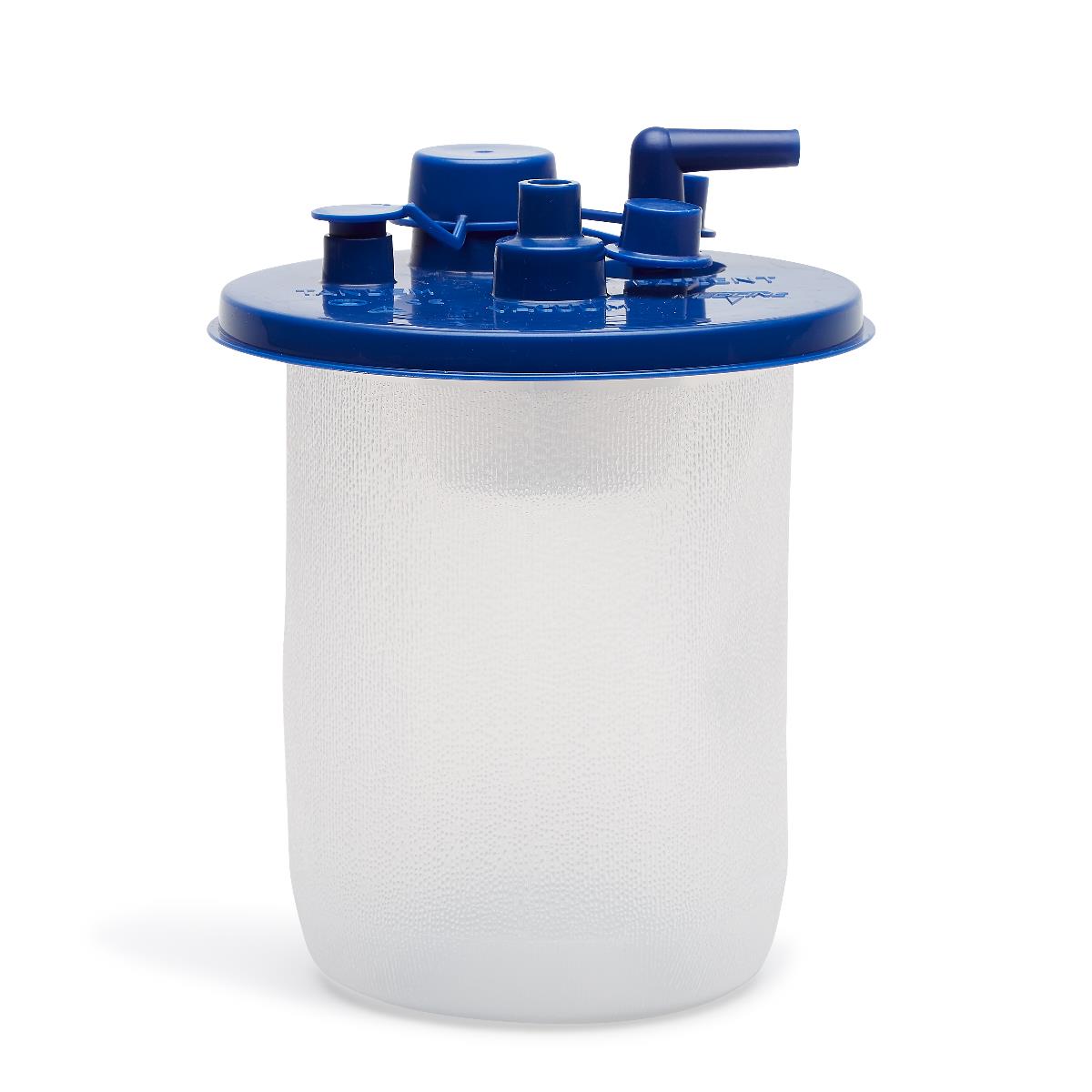Liner de succión desechable Medline MED-SOFT de 1 L con tapa azul de cuatro puertos, sin canister, sobre fondo blanco