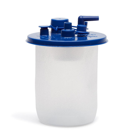 Liner de succión desechable Medline MED-SOFT de 1 L con tapa azul de cuatro puertos, sin canister, sobre fondo blanco