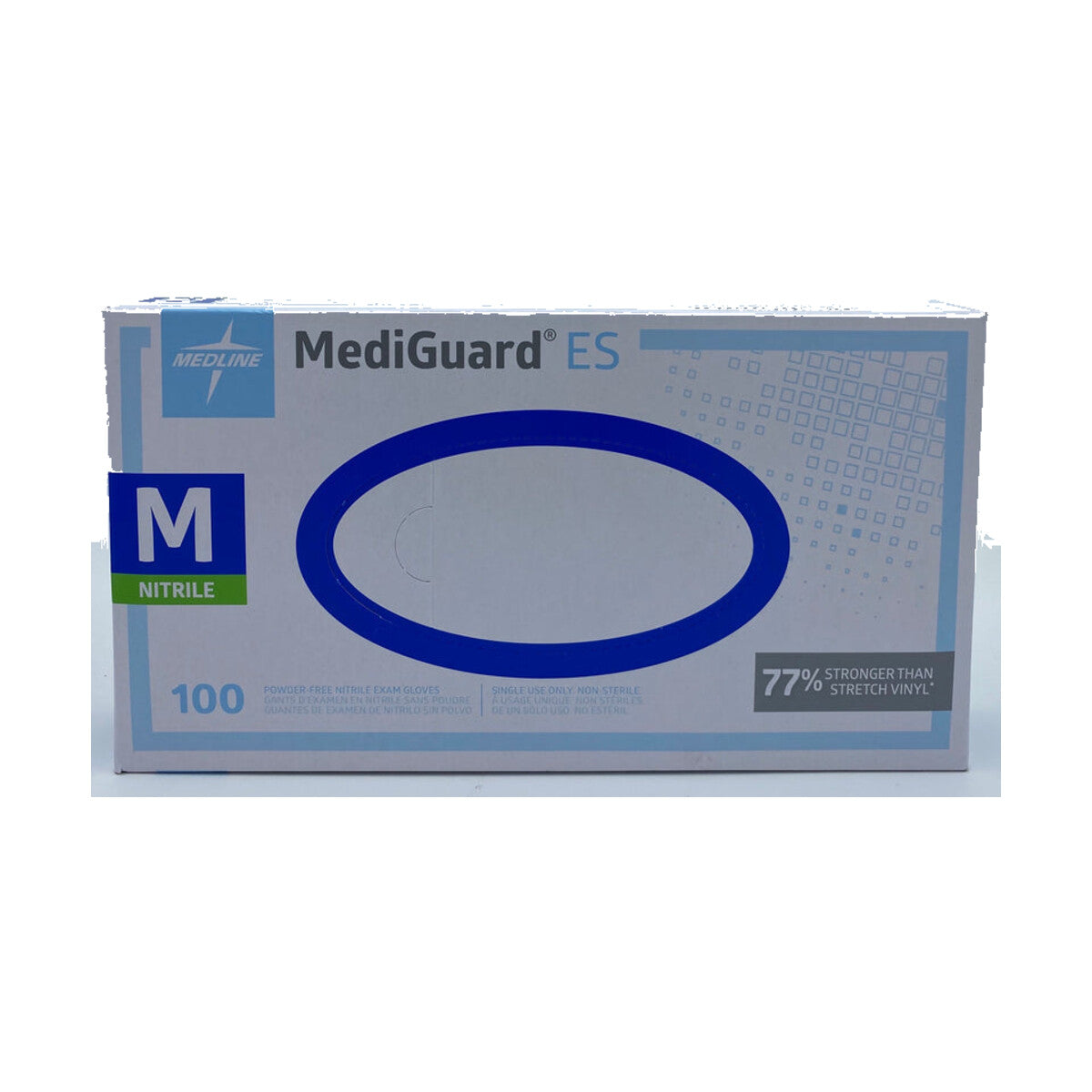 Caja de guantes de examen de nitrilo Medline MediGuard ES, talla M, con 100 guantes, sobre fondo blanco
