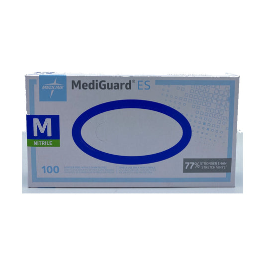 Caja de guantes de examen de nitrilo Medline MediGuard ES, talla M, con 100 guantes, sobre fondo blanco