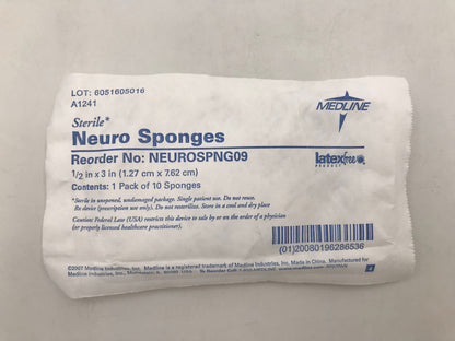 Empaque Medline Neuro Sponges NEUROSPNG09, ½ × 3 pulgadas, 1 paquete de 10 esponjas