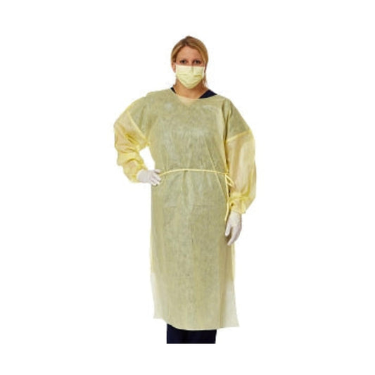 Bata amarilla desechable Medline NONLV240 de aislamiento AAMI nivel 2 sobre fondo blanco