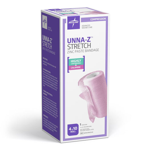 Caja Medline Unna-Z Stretch NONUNNAS40: venda elástica de pasta de zinc y calamina 10.2 cm × 9.1 m (4 × 10 yd), 1 rollo por empaque unitario