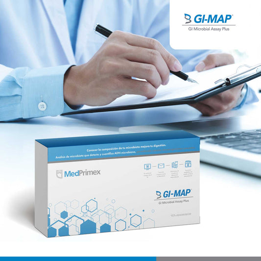 Caja del kit GI-MAP (GI Microbial Assay Plus) de MedPrimex para estudio de microbiota intestinal en heces