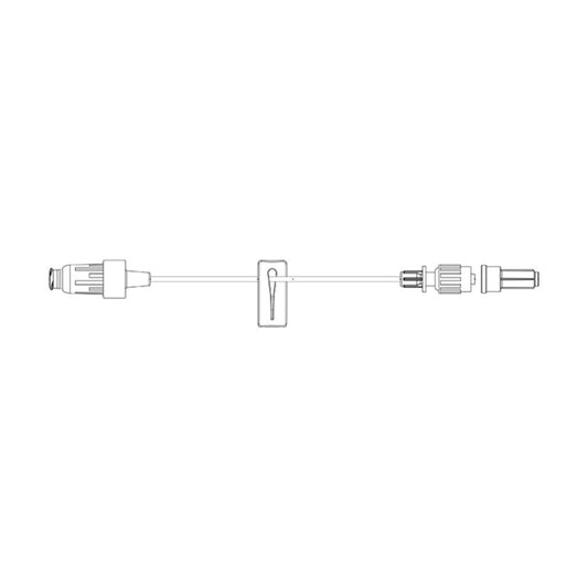 Dibujo lineal de la extensión BD MaxZero con conector, tubo fino, pinza deslizante y luer macho, sobre fondo blanco
