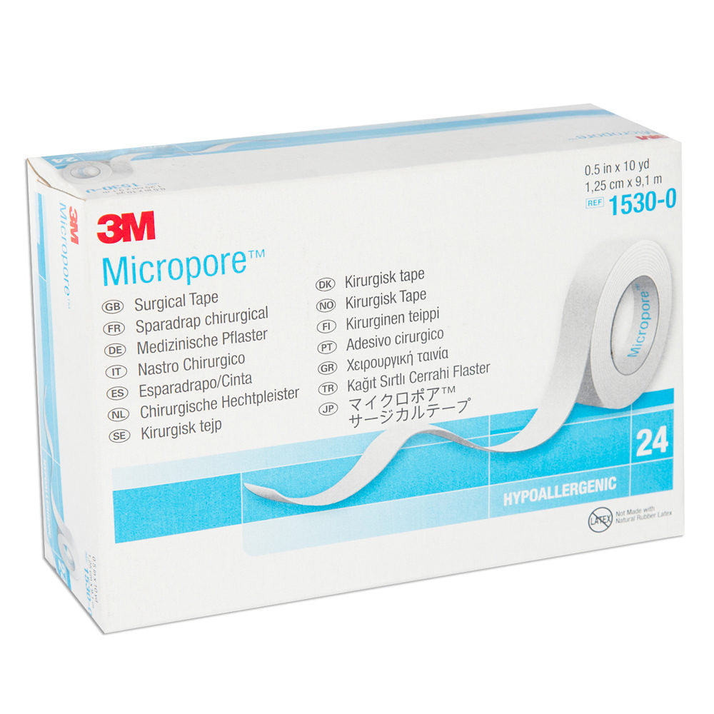 Caja 3M Micropore 1530-0 blanco, 1,25 cm × 9,1 m, 24 rollos sobre blanco