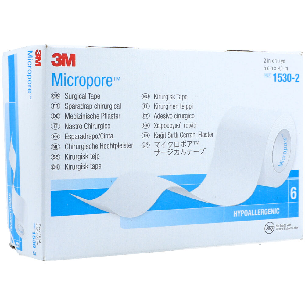 Caja 3M Micropore 1530-2 blanco, 5 cm × 9,1 m, 6 rollos sobre blanco