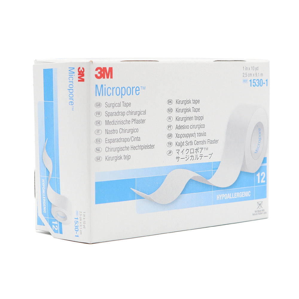 Caja 3M Micropore 1530-1 blanco, 2,5 cm × 9,1 m, 12 rollos sobre blanco