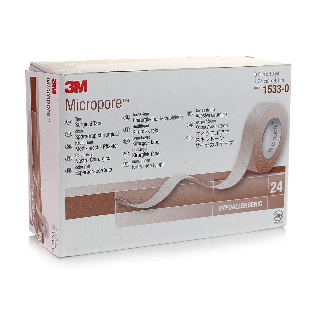 Caja 3M Micropore 1533-0 color piel, 1,25 cm × 9,1 m, 24 rollos sobre blanco